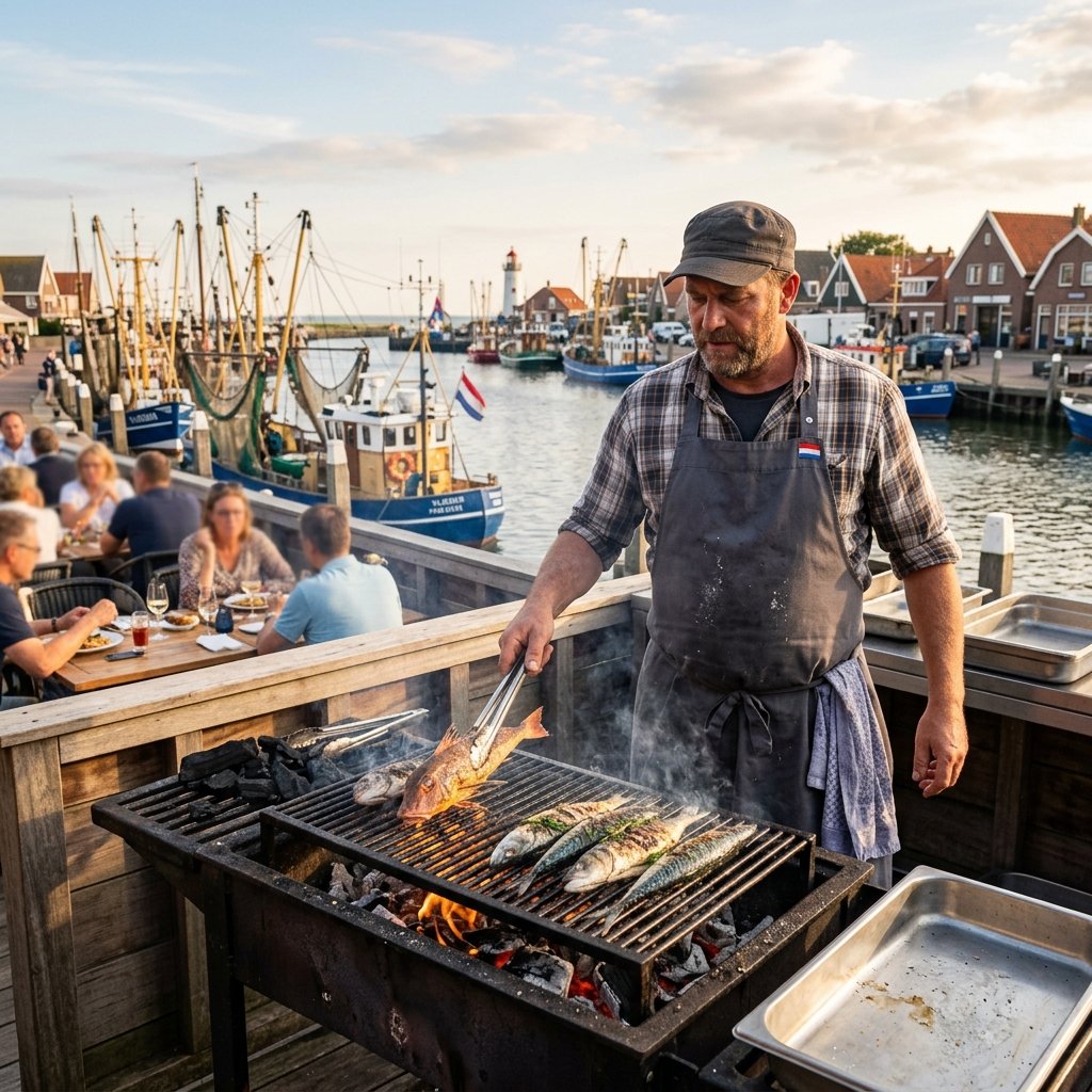 Chef grilling fresh fish over an open flame