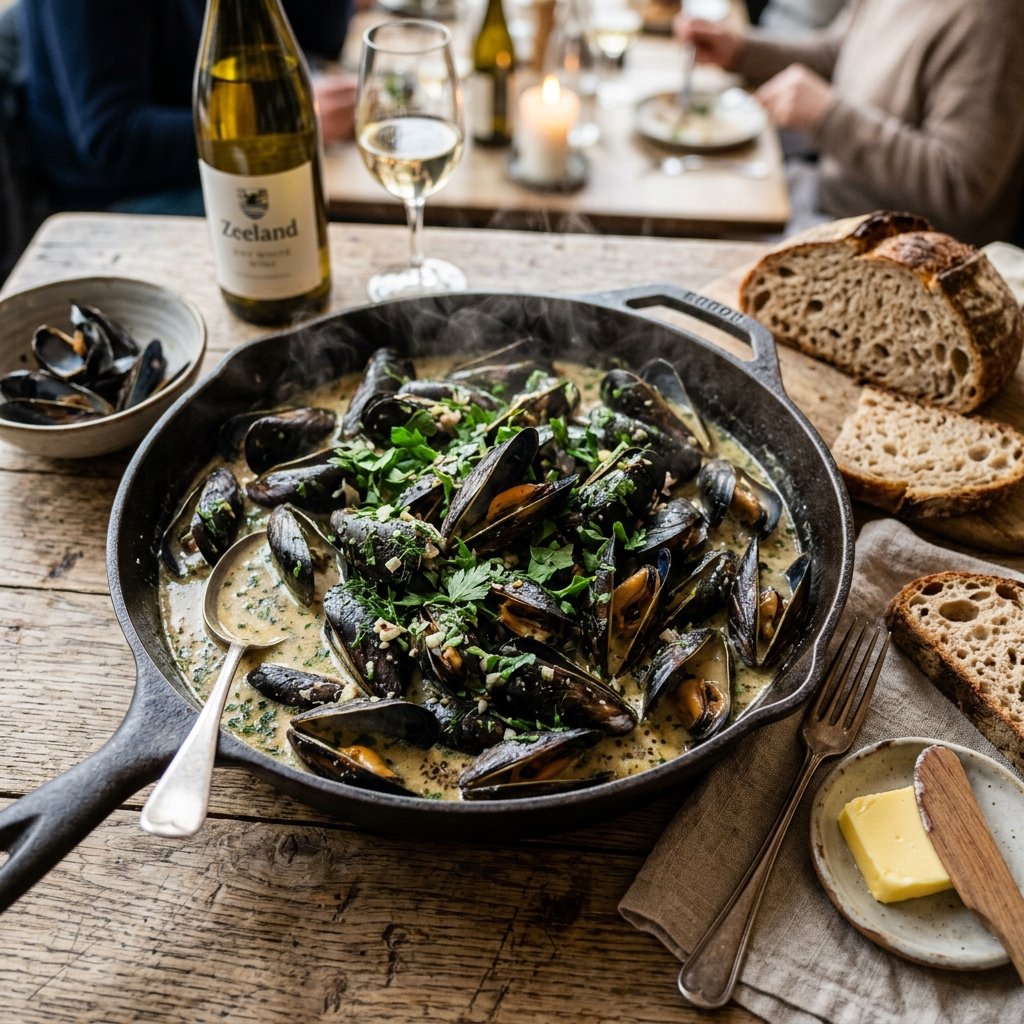 Pot of Zeeland mussels in white wine sauce