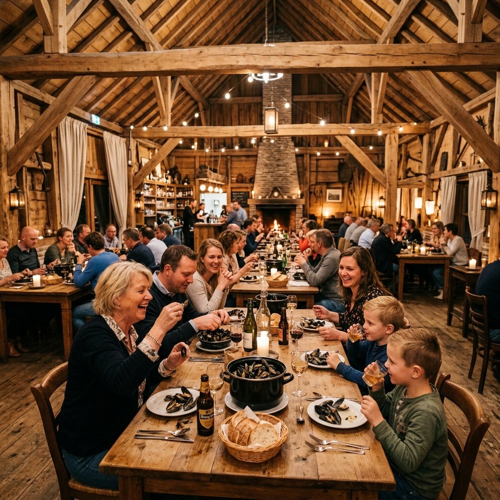 Dining room with long tables full of guests
