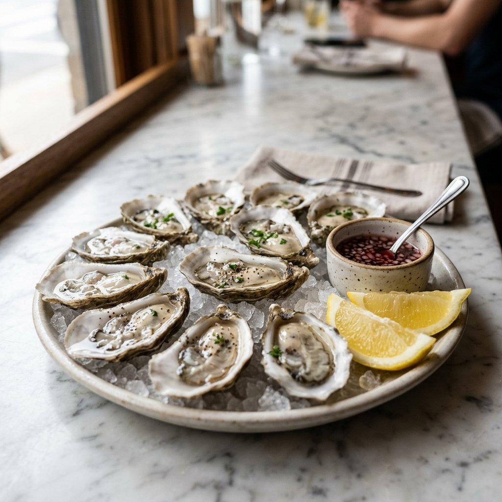 Freshly shucked oysters on ice