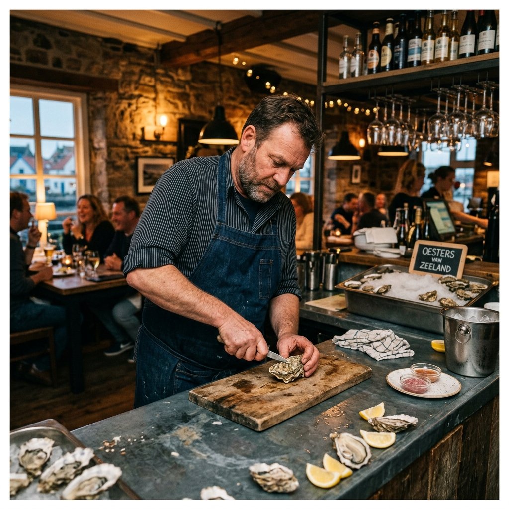 Chef shucking oysters behind the bar