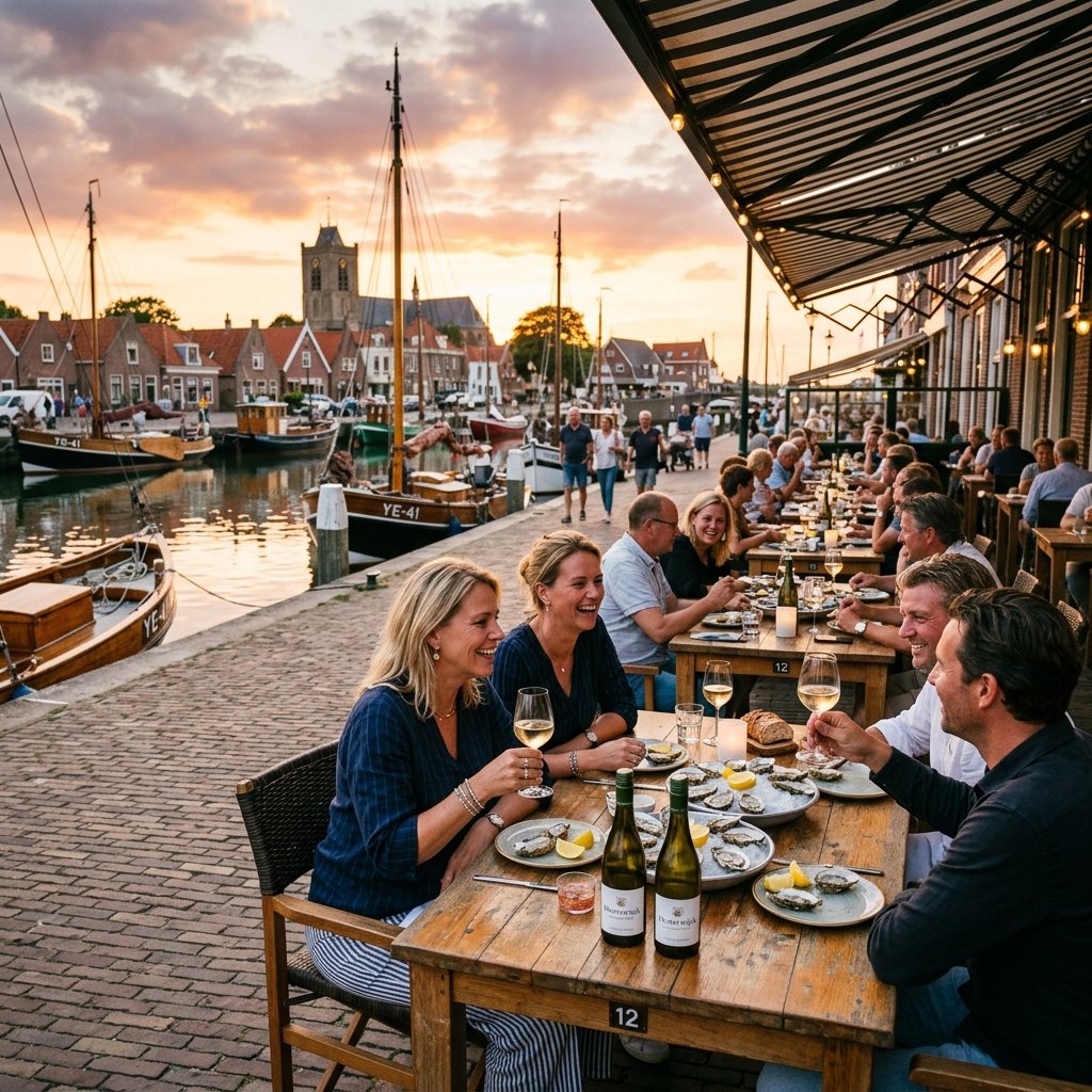 Terrace of Oesterbar De Kreek at sunset